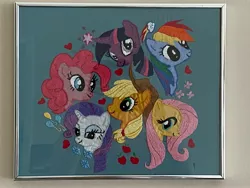 Size: 4032x3024 | Tagged: safe, derpibooru import, applejack, fluttershy, pinkie pie, rainbow dash, rarity, twilight sparkle, earth pony, pegasus, unicorn, cutie mark, embroidery, framed picture, heart, image, jpeg, mane six