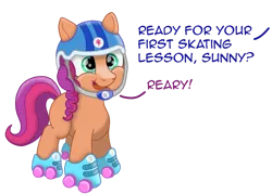 Size: 1280x918 | Tagged: safe, artist:pony-thunder, derpibooru import, sunny starscout, earth pony, pony, g5, my little pony: a new generation, spoiler:my little pony: a new generation, cute, female, filly, filly sunny starscout, helmet, image, implied argyle starshine, open mouth, open smile, png, roller skates, simple background, smiling, solo, sunnybetes, text, transparent background