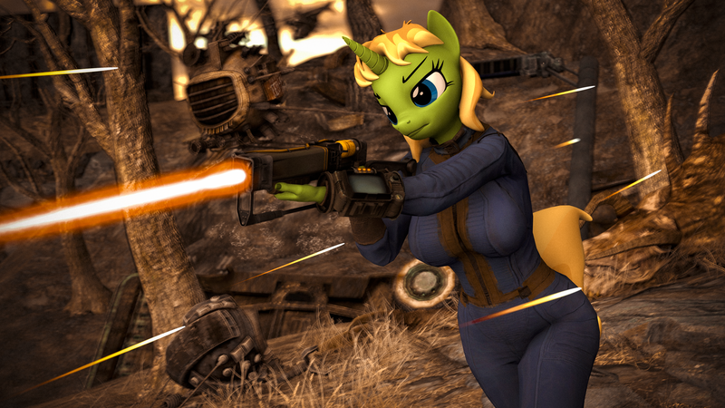 Size: 3840x2160 | Tagged: safe, artist:arcanetesla, derpibooru import, oc, oc:mysti tesla, anthro, deathclaw, unicorn, fallout equestria, busty mysti tesla, fallout, image, laser rifle, png, weapon