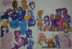 Size: 750x515 | Tagged: safe, artist:karadeg, derpibooru import, idw, applejack, fluttershy, pinkie pie, princess celestia, princess luna, rainbow dash, rarity, sci-twi, spike, starlight glimmer, sunset shimmer, trixie, twilight sparkle, alicorn, unicorn, equestria girls, friendship is magic, legends of magic, spoiler:comic, comic, image, jpeg, mane seven, mane six, the fall of sunset shimmer, young celestia, young luna