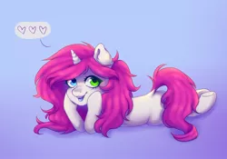 Size: 2136x1497 | Tagged: safe, artist:zowzowo, derpibooru import, oc, unofficial characters only, pony, unicorn, commmission, hands on face, heart, heterochromia, image, jpeg, looking at you, lying down, open mouth, simple background, solo, speech bubble, three quarter view