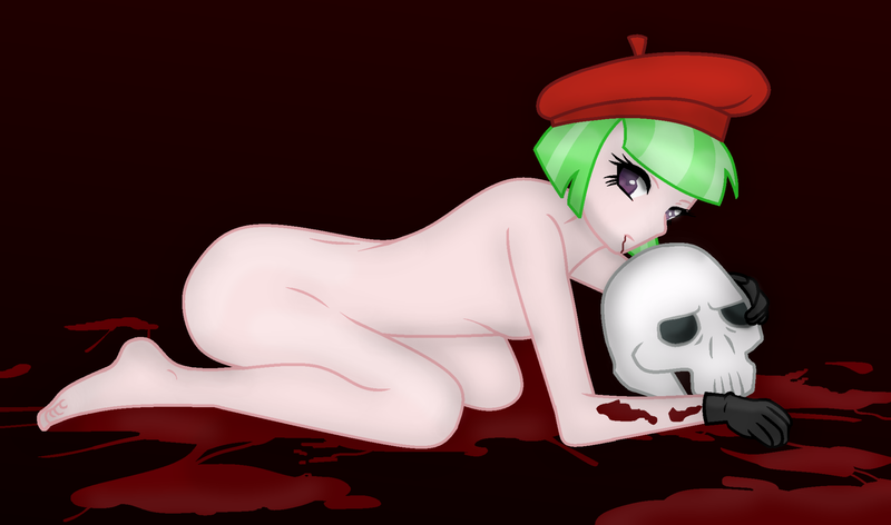 Size: 1920x1133 | Tagged: questionable, semi-grimdark, artist:grapefruit-face, derpibooru import, drama letter, watermelody, equestria girls, anime, anime style, base used, blood, butt, clothes, feet, gloves, hat, image, implied murder, kneeling, looking at you, nudity, png, skull, spooky, strategically covered