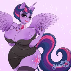 Size: 2048x2048 | Tagged: suggestive, artist:orions-tipp, derpibooru import, twilight sparkle, twilight sparkle (alicorn), alicorn, anthro, human, areola, areola slip, big breasts, black dress, breasts, busty twilight sparkle, butt, cleavage, clothes, curvy, cutie mark, dress, eye contact, eyeshadow, horn, hourglass figure, huge breasts, humanized, image, jewelry, large butt, lipstick, looking at each other, makeup, miniskirt, png, red lipstick, seductive, seductive look, skirt, smiling, socks, solo, stockings, thigh highs, wide hips, wings