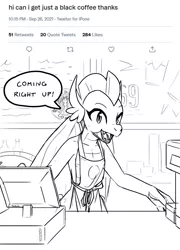 Size: 2835x3940 | Tagged: safe, artist:anonymous, derpibooru import, smolder, dragon, apron, barista, cash register, clothes, female, iced latte with breast milk, image, looking at you, meme, meta, monochrome, older, older smolder, png, solo, solo female, speech bubble, talking to viewer, text, twitter