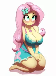 Size: 2724x3688 | Tagged: suggestive, artist:pabbley, derpibooru import, fluttershy, equestria girls, adorasexy, barefoot, big breasts, blushing, breasts, busty fluttershy, cleavage, clothes, cute, dress, feet, female, huge breasts, image, jpeg, kneeling, sexy, shyabetes, simple background, solo, solo female, white background