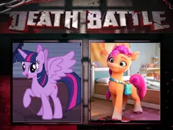 Size: 898x674 | Tagged: safe, artist:detectivefrankie, derpibooru import, edit, edited screencap, screencap, sunny starscout, twilight sparkle, twilight sparkle (alicorn), alicorn, earth pony, my little pony: a new generation, spoiler:my little pony: a new generation, death battle, exploitable meme, female, g4, g5, happy, horn, image, meme, open mouth, png, smiling, spread wings, wingboner, wings