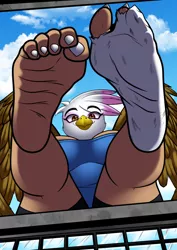 Size: 905x1280 | Tagged: suggestive, artist:cyborg-steve, derpibooru import, gilda, anthro, gryphon, plantigrade anthro, barefoot, beak, breasts, building, busty gilda, city, clothes, commission, digital art, feet, female, giantess, image, jpeg, looking at you, looking down, looking down at you, macro, shirt, shorts, solo, ych result