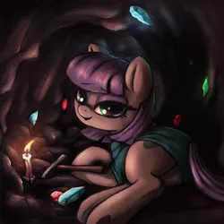 Size: 3000x3000 | Tagged: safe, artist:t72b, derpibooru import, maud pie, earth pony, pony, candle, cave, clothes, dress, female, glow, image, jewel, looking at you, lying down, mare, mine, png, prone, rock hammer, rock horse, smiling, solo, stone, when she smiles