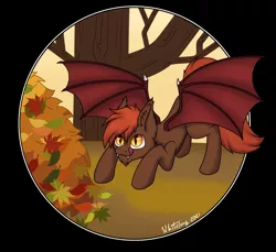 Size: 1280x1170 | Tagged: safe, artist:zackwhitefang, derpibooru import, oc, oc:zack whitefang, unofficial characters only, bat pony, autumn, bat pony oc, bat wings, digital art, face down ass up, image, jpeg, leaf, leaves, male, solo, spread wings, tail, tree, wiggle, wings