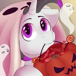 Size: 3512x3512 | Tagged: safe, artist:knochka, derpibooru import, oc, oc:haze rad, unofficial characters only, ghost, pony, undead, unicorn, candy, clothes, commission, commissioner:biohazard, costume, cute, eye shimmer, eyebrows, floppy ears, food, ghost costume, halloween, halloween costume, high res, highlights, holiday, horn, image, jpeg, looking at you, male, mouth hold, pumpkin bucket, purple eyes, solo, stallion, trick or treat, unicorn oc, wingding eyes, ych result