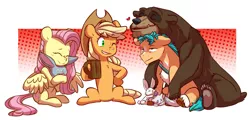 Size: 4011x1933 | Tagged: safe, artist:chub-wub, derpibooru import, applejack, fluttershy, hitch trailblazer, bear, cat, earth pony, pegasus, pony, rabbit, animal, g4, g5, hug, image, jpeg, mug