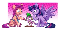 Size: 3503x1727 | Tagged: safe, artist:chub-wub, derpibooru import, spike, sunny starscout, twilight sparkle, alicorn, dragon, earth pony, pony, book, g4, g5, image, jpeg, sunny and her heroine