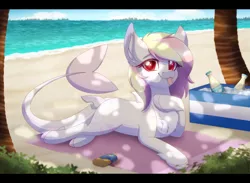 Size: 2700x1972 | Tagged: safe, artist:_ladybanshee_, derpibooru import, oc, oc:rainy skies, unofficial characters only, original species, pony, shark, shark pony, beach, chest fluff, commission, ear fluff, image, outdoors, png, relaxing, solo, sunbathing
