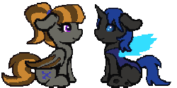 Size: 400x200 | Tagged: safe, artist:bitassembly, derpibooru import, oc, oc:mythic dawn, oc:swift dawn, unofficial characters only, bat pony, changeling, pony, animated, bat pony oc, bat wings, blue changeling, blue eyes, brother and sister, changeling oc, commission, eyelashes, eyes closed, female, gif, hair tie, heart, horn, image, kissing, leaning forward, looking at each other, male, mare, pixel art, platonic kiss, ponytail, purple eyes, siblings, simple background, sitting, stallion, transparent background, wings, ych result