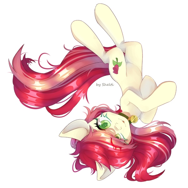 Size: 2000x2000 | Tagged: safe, artist:shelti, derpibooru import, roseluck, earth pony, pony, behaving like a cat, collar, commission, commissioner:doom9454, cute, eye clipping through hair, image, jpeg, looking at you, lying down, on back, pet tag, pony pet, rosepet, solo, tongue out