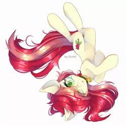 Size: 2000x2000 | Tagged: safe, artist:shelti, derpibooru import, roseluck, earth pony, pony, behaving like a cat, collar, commission, commissioner:doom9454, cute, eye clipping through hair, image, jpeg, looking at you, lying down, on back, pet tag, pony pet, rosepet, solo, tongue out