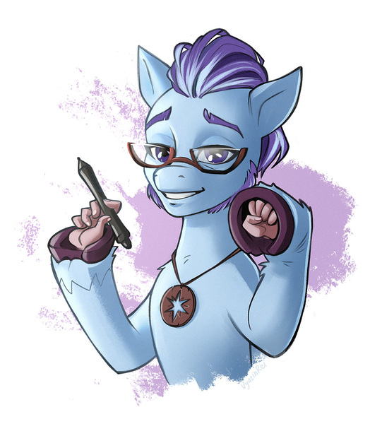 Size: 1048x1200 | Tagged: safe, artist:vyazinrei, derpibooru import, anthro, earth pony, spoiler:g5, amulet, argyle starshine, fingers, g5, glasses, hooves, image, jewelry, jpeg, smiling, stylus, suddenly hands, wat