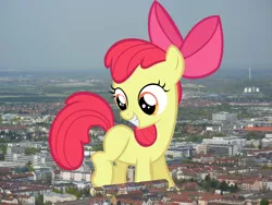Size: 2000x1500 | Tagged: safe, derpibooru import, apple bloom, earth pony, pony, apple bloom's bow, blank flank, bow, female, filly, germany, giant pony, giant/macro earth pony, giantess, hair bow, highrise ponies, image, irl, macro, mega apple bloom, mega giant, munich, photo, png, ponies in real life