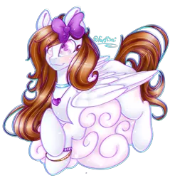 Size: 2971x3103 | Tagged: safe, artist:fantisai, derpibooru import, oc, unofficial characters only, pegasus, pony, bow, bracelet, choker, cloud, eye clipping through hair, female, hair bow, image, jewelry, mare, necklace, on a cloud, pegasus oc, png, signature, simple background, smiling, solo, transparent background, wings