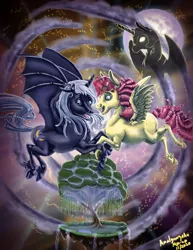 Size: 1280x1657 | Tagged: safe, artist:amalgamzaku, derpibooru import, nightmare moon, oc, alicorn, bat pony, bat pony alicorn, pegasus, pony, bat wings, horn, image, jpeg, moon, tree, wings