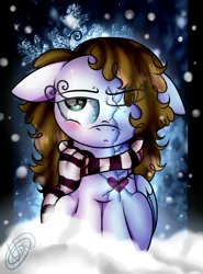 Size: 931x1257 | Tagged: safe, artist:millefaller, derpibooru import, oc, unofficial characters only, pegasus, pony, blushing, clothes, eyelashes, female, frown, frozen, image, mare, pegasus oc, png, scarf, signature, snow, solo, wings