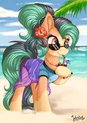 Size: 2894x4093 | Tagged: safe, artist:julunis14, derpibooru import, oc, unofficial characters only, earth pony, alcohol, background, beach, bracelet, clothes, coat markings, cocktail, cocktail umbrella, commision, digital, drink, flower, high ponytail, image, jewelry, palm tree, pareo, png, ponytail, sand, solo, straw in mouth, sunglasses, swimsuit, tree