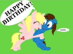 Size: 2088x1565 | Tagged: safe, artist:zombietator, derpibooru import, oc, oc:claire, unofficial characters only, earth pony, pegasus, pony, bipedal, confused, duo, earth pony oc, eyelashes, female, green background, happy birthday, hug, image, male, mare, pegasus oc, png, simple background, smiling, stallion, wings
