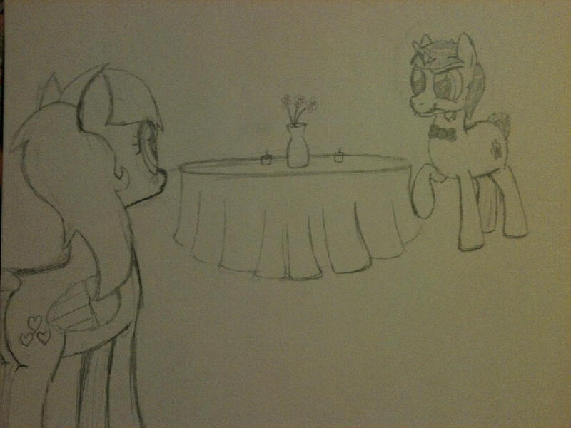 Size: 960x720 | Tagged: safe, artist:zombietator, derpibooru import, oc, oc:claire, unofficial characters only, pegasus, pony, unicorn, bowtie, duo, female, horn, image, jpeg, lineart, male, mare, pegasus oc, raised hoof, stallion, table, traditional art, unicorn oc, wings