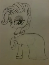 Size: 1536x2048 | Tagged: safe, artist:zombietator, derpibooru import, rarity, pony, unicorn, bedroom eyes, clothes, dress, eyelashes, female, horn, image, jewelry, jpeg, lineart, mare, necklace, pearl necklace, raised hoof, solo, traditional art