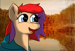 Size: 1100x758 | Tagged: safe, artist:tranzmuteproductions, derpibooru import, oc, unofficial characters only, earth pony, pony, clothes, earth pony oc, eyelashes, female, image, mare, outdoors, png, pond, solo, tree