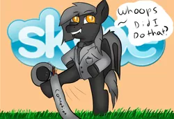 Size: 1100x758 | Tagged: safe, artist:tranzmuteproductions, derpibooru import, oc, unofficial characters only, bat pony, pony, bat pony oc, bat wings, bipedal, clothes, image, kicking, male, necktie, orange background, png, simple background, skype, slit pupils, solo, stallion, suit, talking, wings