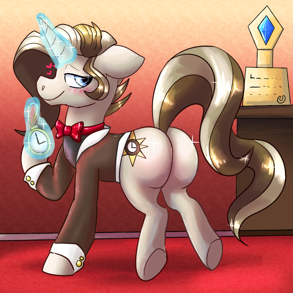 Size: 2500x2500 | Tagged: safe, artist:northernlightsone, author:bigonionbean, derpibooru import, doctor whooves, prince blueblood, time turner, oc, oc:royal minutes, earth pony, pony, unicorn, background, bowtie, butt, clothes, commissioner:bigonionbean, cutie mark, extra thicc, flank, fusion, fusion:royal minutes, image, large butt, looking at you, looking back, magic, male, plot, png, stallion, stopwatch, suit
