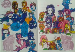 Size: 2189x1536 | Tagged: safe, artist:karadeg, derpibooru import, idw, applejack, fluttershy, pinkie pie, princess celestia, princess luna, rainbow dash, rarity, sci-twi, starlight glimmer, sunset shimmer, trixie, twilight sparkle, alicorn, unicorn, equestria girls, friendship is magic, legends of magic, spoiler:comic, comic, humane five, humane seven, humane six, image, jpeg, lined paper, the fall of sunset shimmer, traditional art, young celestia, young luna