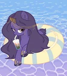 Size: 1800x2040 | Tagged: safe, artist:jelisicli, derpibooru import, oc, oc:urania, pony, boba tea, constellation, constellation pony, female, floatie, image, long mane, looking at you, mare, ocean, png, short tail, solo, stars, tail