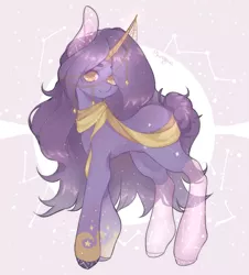 Size: 1900x2100 | Tagged: safe, artist:phroogus, derpibooru import, oc, oc:urania, unofficial characters only, pony, unicorn, clothes, constellation, constellation pony, cutie mark, horn, image, long mane, looking at you, png, scarf, short tail, smiling, solo, stars, tail, translucent