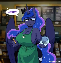 Size: 1104x1139 | Tagged: suggestive, artist:redxbacon, derpibooru import, princess luna, alicorn, anthro, pony, apron, barista, big breasts, breasts, busty princess luna, cleavage, clothes, dialogue, female, holding, iced latte with breast milk, image, jewelry, jpeg, lidded eyes, looking at you, luna is not amused, mare, meme, naked apron, pencil, ponified meme, question, regalia, solo, solo female, speech bubble, starbucks, sweat, sweatdrops, unamused