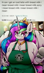Size: 2480x4080 | Tagged: suggestive, artist:canvymamamoo, derpibooru import, princess celestia, alicorn, anthro, pony, apron, barista, bedroom eyes, big breasts, breasts, busty princess celestia, chest fluff, cleavage, clothes, ear fluff, eyeshadow, female, holding, iced latte with breast milk, image, jewelry, jpeg, makeup, mare, meme, meta, naked apron, peytral, ponified meme, regalia, sharpie, smiling, solo, solo female, starbucks, twitter