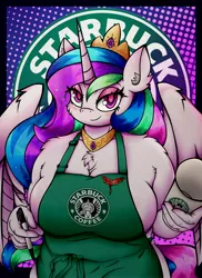Size: 2480x3402 | Tagged: suggestive, alternate version, artist:canvymamamoo, derpibooru import, princess celestia, alicorn, anthro, pony, abstract background, apron, barista, bedroom eyes, big breasts, breasts, busty princess celestia, chest fluff, cleavage, clothes, ear fluff, eyeshadow, female, holding, image, jewelry, jpeg, logo, makeup, mare, naked apron, peytral, regalia, sharpie, smiling, solo, solo female, starbucks
