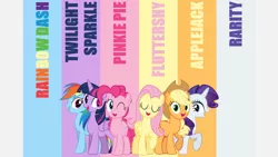 Size: 1280x720 | Tagged: safe, artist:tomfraggle, derpibooru import, edit, editor:quoterific, applejack, fluttershy, pinkie pie, rainbow dash, rarity, twilight sparkle, twilight sparkle (alicorn), alicorn, earth pony, pegasus, pony, unicorn, applejack's hat, cowboy hat, eyes closed, female, g4, hat, image, jpeg, mane six, mare, one eye closed, open mouth, vector, wink