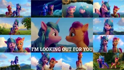 Size: 1280x721 | Tagged: safe, derpibooru import, edit, edited screencap, editor:quoterific, screencap, izzy moonbow, sunny starscout, earth pony, pony, unicorn, my little pony: a new generation, spoiler:g5, spoiler:my little pony: a new generation, apple, eye contact, female, food, g5, image, looking at each other, looking out for you, mare, open mouth, png, tree