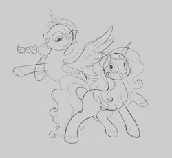 Size: 2500x2300 | Tagged: safe, artist:wownamesarehard, derpibooru import, izzy moonbow, sunny starscout, alicorn, my little pony: a new generation, spoiler:my little pony: a new generation, derpibooru exclusive, duo, g5, gray background, grayscale, image, monochrome, png, simple background, sketch, sunnycorn