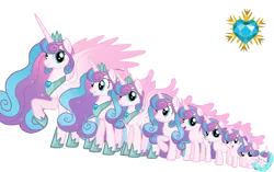 Size: 872x546 | Tagged: safe, derpibooru import, princess flurry heart, alicorn, pony, age progression, baby, baby pony, crown, crystal heart, diaper, ethereal mane, ethereal tail, female, filly, hoof shoes, image, jewelry, mare, older, older flurry heart, png, raised hoof, regalia, simple background, smiling, swaddling, tail, teenager, transparent background, wings, younger
