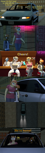 Size: 1920x6480 | Tagged: safe, artist:papadragon69, derpibooru import, button mash, pokey pierce, oc, oc:caring hearts, oc:cream heart, anthro, 3d, alcohol, bar, car, comic, driving, drunk, exclamation point, grammar error, image, interrobang, juice, old master q, parody, png, question mark, reference, source filmmaker