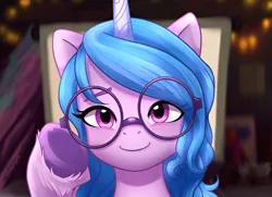 Size: 3106x2247 | Tagged: safe, artist:maren, derpibooru import, izzy moonbow, pony, unicorn, my little pony: a new generation, spoiler:my little pony: a new generation, female, g5, glases, glasses, image, looking at you, mare, png, smiling, solo, underhoof