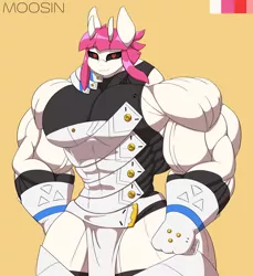 Size: 2928x3194 | Tagged: suggestive, artist:mopyr, derpibooru import, oc, oc:fort, unofficial characters only, anthro, original species, black sclera, clothes, dress, female, fetish, gloves, horn, image, muscle fetish, muscles, muscular female, outfit, overdeveloped muscles, png, skintight clothes, solo