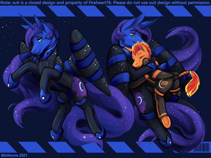 Size: 3200x2400 | Tagged: questionable, artist:miramore, derpibooru import, nightmare moon, princess luna, oc, oc:fireheart, alicorn, bat pony, hybrid, pegasus, pony, 2021, alternate universe, barcode, bound, bound wings, clothes, collar, commission, cuddling, cute, design, donut steel, duo, ethereal mane, eyes closed, female, flank, food, gloves, image, jewelry, latex, latex boots, latex gloves, latex socks, latex suit, long mane, male, mare, moon, orange, orange fur, pegabat, png, queen luna, regalia, shiny, shoes, signature, simple background, size difference, snuggling, socks, stallion, starry mane, stars, straps, tail, tail wrap, text, underhoof, wings