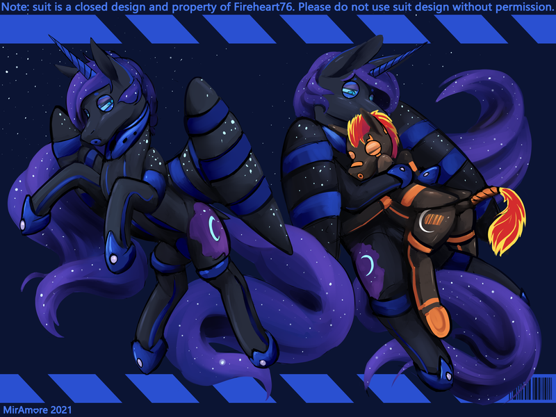 Size: 3200x2400 | Tagged: questionable, alternate version, artist:miramore, derpibooru import, nightmare moon, princess luna, oc, oc:fireheart, alicorn, bat pony, hybrid, pegasus, pony, 2021, alternate universe, barcode, bound, bound wings, clothes, collar, commission, cuddling, cute, design, donut steel, drone, duo, english, ethereal mane, eyes closed, female, flank, food, gimp, gimp suit, gloves, hood, image, jewelry, latex, latex boots, latex gloves, latex socks, latex suit, long mane, male, mare, moon, orange, orange fur, pegabat, png, queen luna, regalia, shiny, shoes, signature, simple background, size difference, sleeping, snuggling, socks, stallion, starry mane, stars, straps, tail, tail wrap, text, underhoof, wings