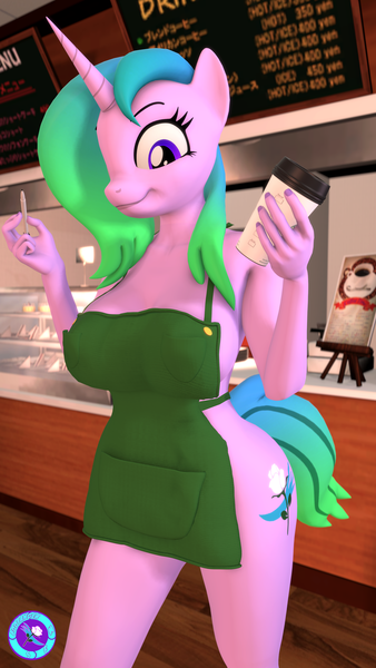 Size: 2160x3840 | Tagged: suggestive, artist:pootanger_sfm, derpibooru import, oc, oc:fiona mahri, anthro, unicorn, 3d, apron, big breasts, breasts, busty oc, cafe, clothes, female, horn, iced latte with breast milk, image, legs, looking at you, meme, png, solo, source filmmaker, unicorn oc