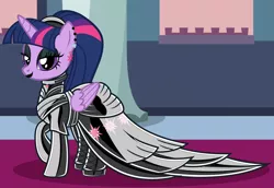 Size: 7300x5009 | Tagged: suggestive, alternate version, artist:severity-gray, derpibooru import, twilight sparkle, twilight sparkle (alicorn), alicorn, pony, absurd resolution, alternate hairstyle, bedroom eyes, boots, canterlot castle, choker, clothes, coronation dress, cutie mark, cutie mark accessory, cutie mark earrings, cutie mark on clothes, dress, ear piercing, earring, eyeliner, eyeshadow, female, folded wings, gloves, high heels, image, jewelry, latex, latex boots, latex dress, latex gloves, latex suit, lipstick, looking at you, makeup, mare, piercing, platform heels, png, ponytail, shoes, skirt, solo, wings
