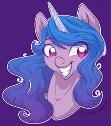 Size: 792x900 | Tagged: safe, artist:littlehybridshila, derpibooru import, izzy moonbow, pony, unicorn, bust, female, g5, gt, image, jpeg, portrait, simple background, smiling, solo